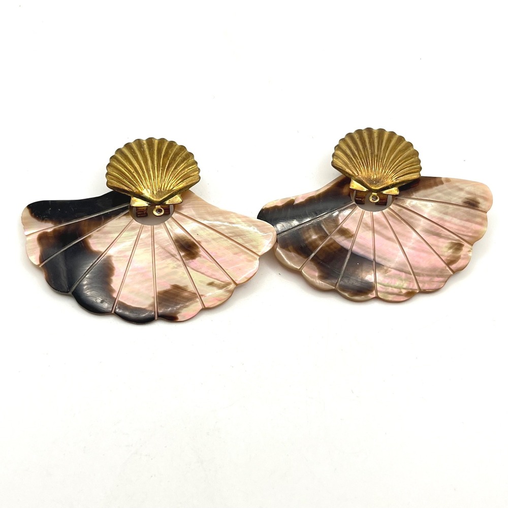 Vintage Mother of Pearl Shell Statement Earrings‎ Gold Tone Omega Back 2-in-1